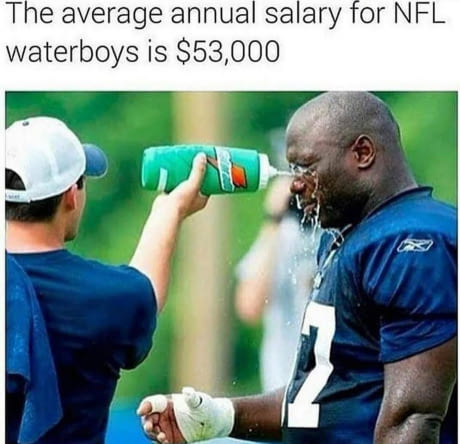 Meme of water boy backhandedly soaking an NFL player with water in the face and a caption highlighting how the average NFL waterboy makes $53,000 a year.