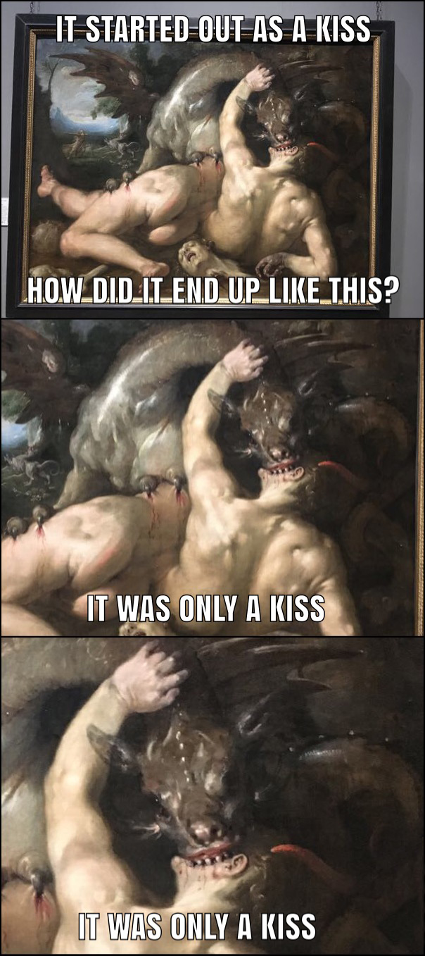 Classic artwork of someone fighting a demon and the caption is of The Killers Mr. Brightside Song It Was Only A Kiss