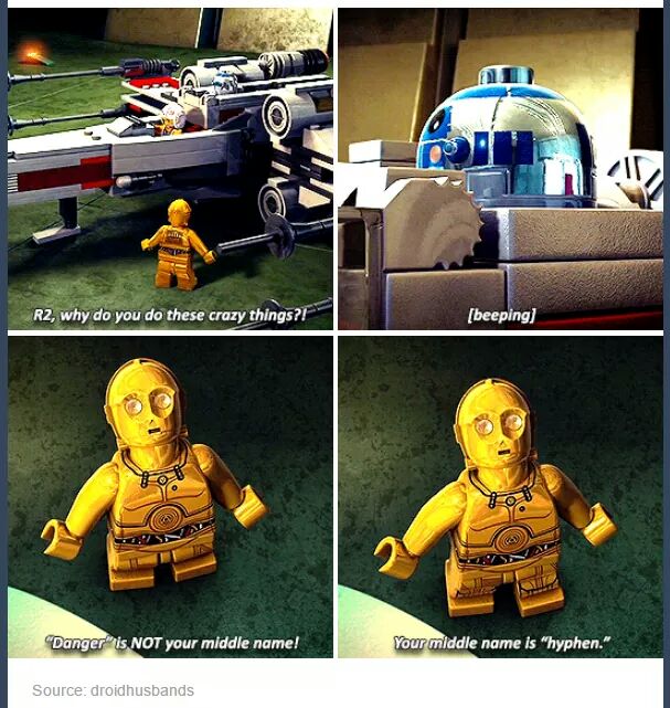 Lego Star Wars scene of R2D2 saying Danger is his middle name to which c3po responds that his middle name is a hyphen.