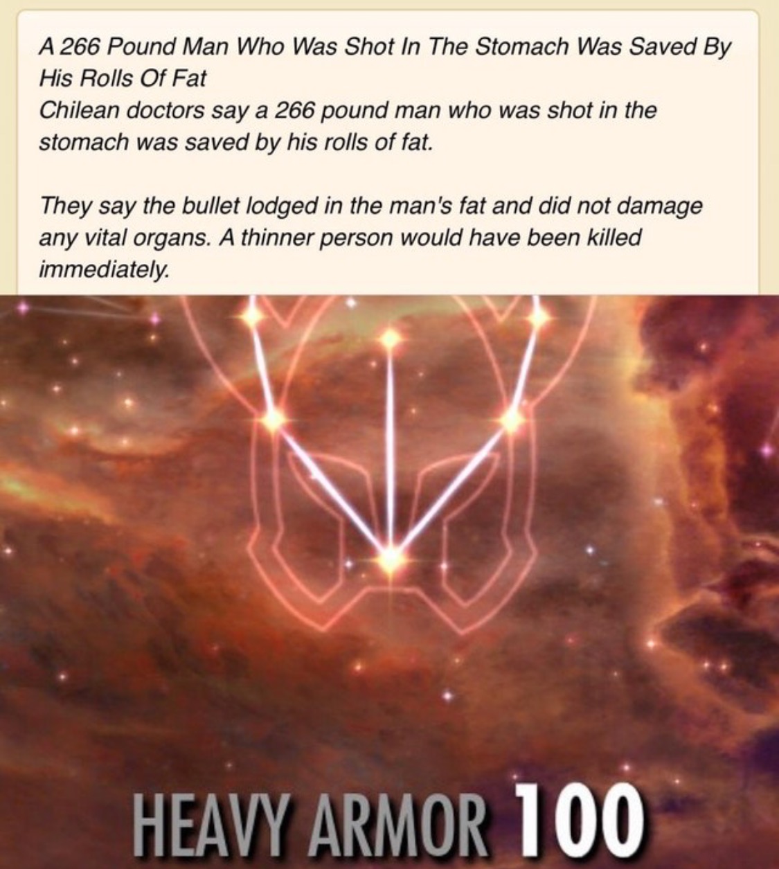 Meme about man who was so fat it stopped a bullet from reaching his organs, HEAVY ARMOR 100 awards.