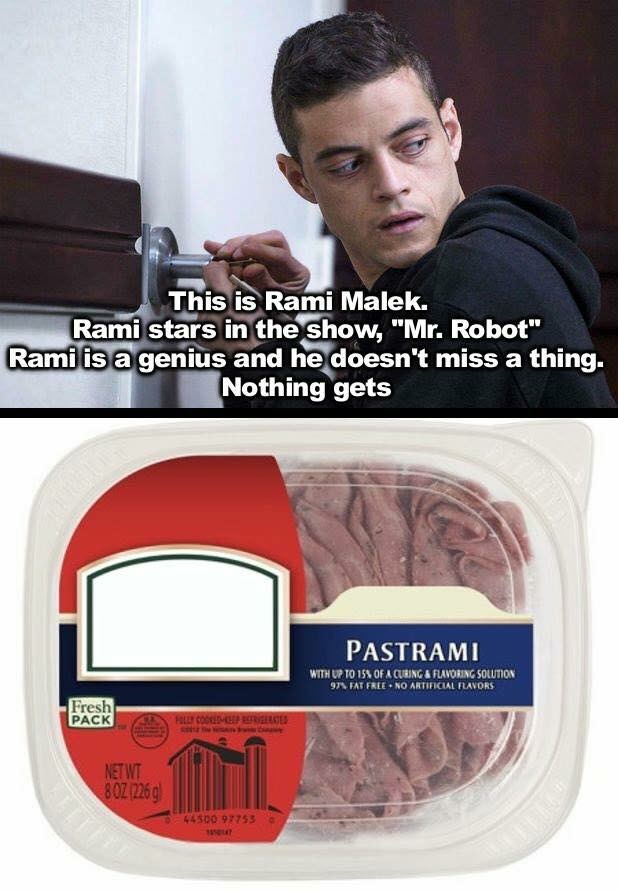 Rami Malek from Mr. Robot distracted by pastrami