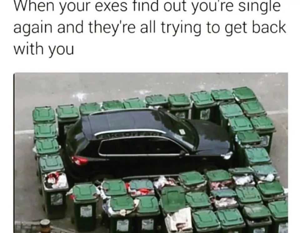 Meme of car surrounded by trash can and captioned as how it feels when your single again and all the exes trying to get back with you.
