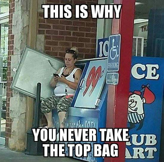 Funny meme of woman sitting on an open 99 cent ice freezer outside a store with a caption saying that this is why you never take the top bag.