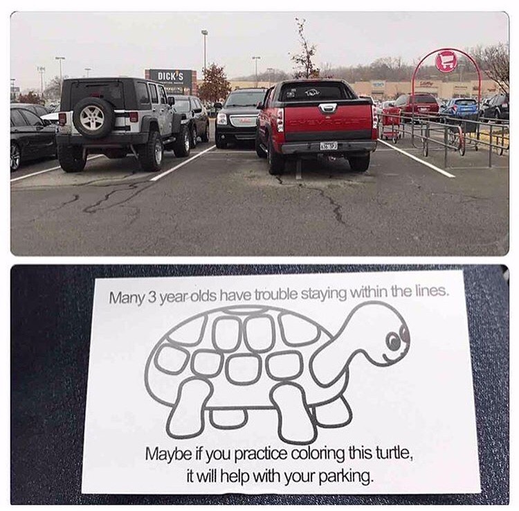 Red pickup truck parked and taking up two spots and a little condescending business card about how even a 3 year old can stay between the lines.