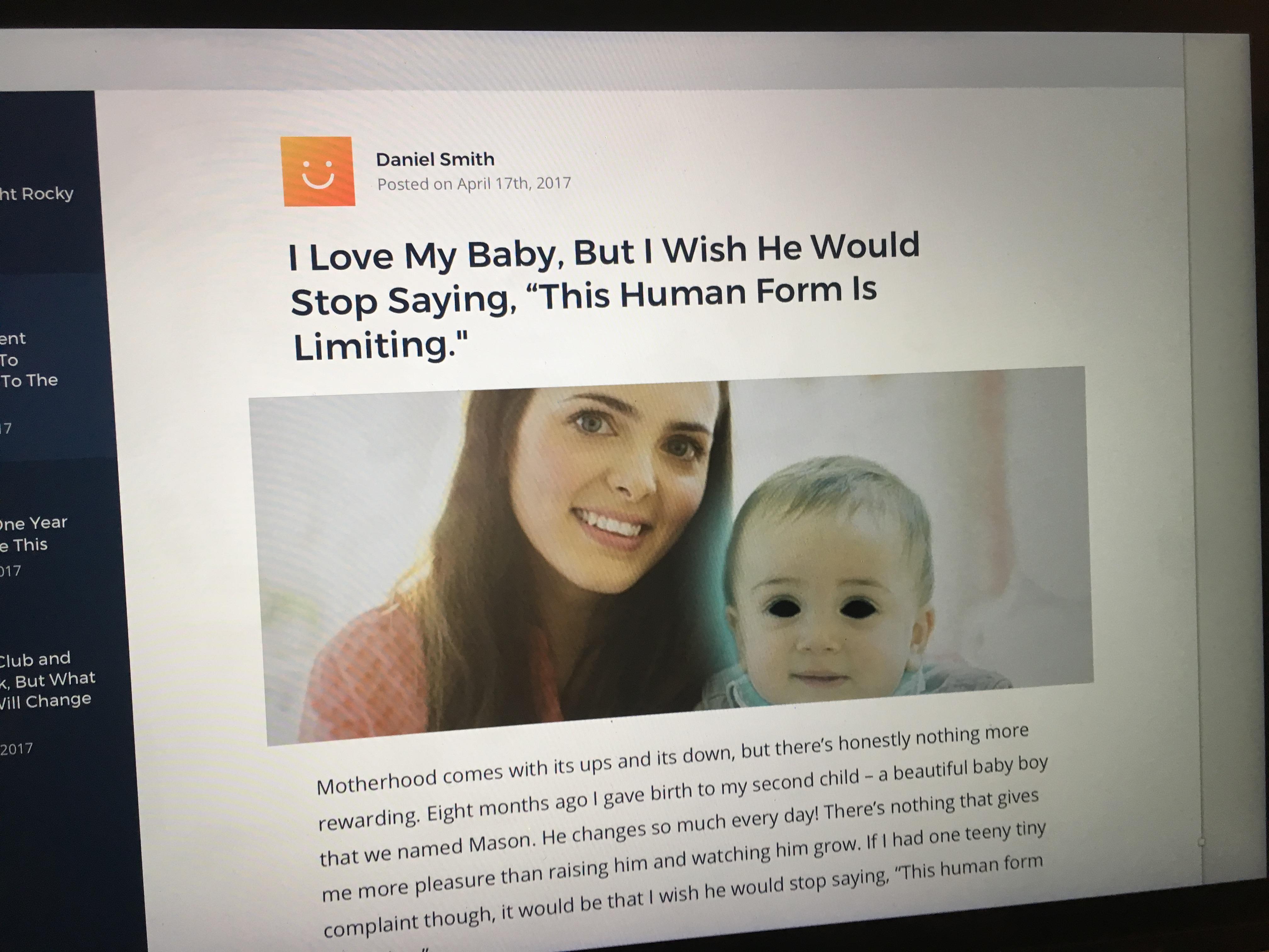 Posting of woman about her new born child that starts out normal and a bit boring, turns at that she is raising some kind of demon that came to this planet for evil purposes.