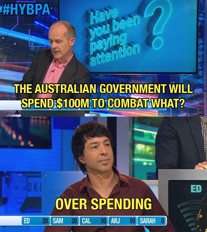 Who's Line Is It Anyway meme about how the Australian government is going to spend $100 million to combat overspending.