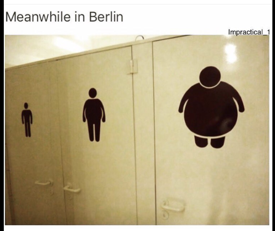 Bathroom stalls in Berlin highlighting the size of the stalls using round stick figures.