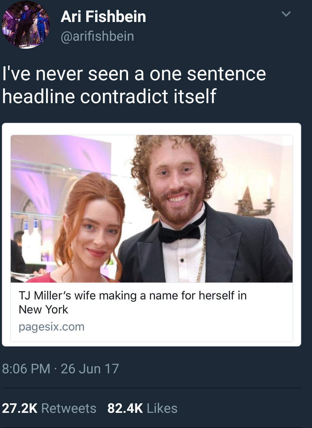 tj miller's wife making a name for herself - Ari Fishbein I've never seen a one sentence headline contradict itself Tj Miller's wife making a name for herself in New York pagesix.com 26 Jun 17