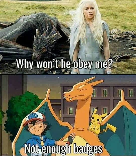 memes - charizard and ash - Why won't he obey me? Not enough badges