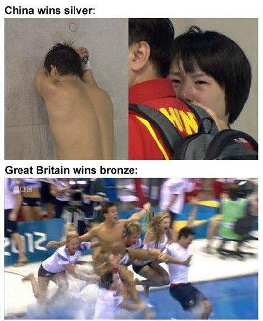 Difference between China winning the Bronze in tears and Great Britain winning the bronze to celebration.