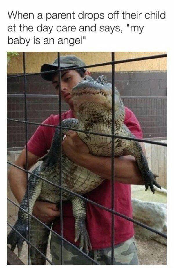 Man holding an alligator with caption about how it feels when parent comes into the daycare to give their angel of a child.