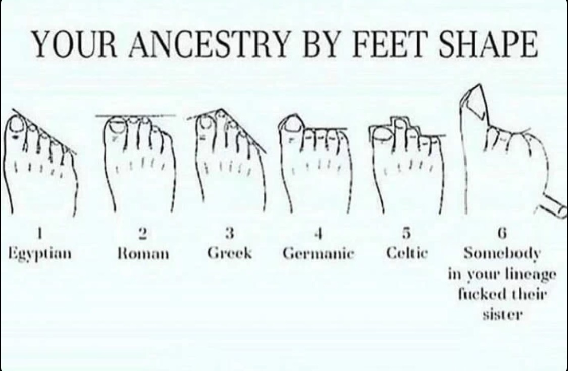 Meme making fun of the lineage of someone based on their toes.