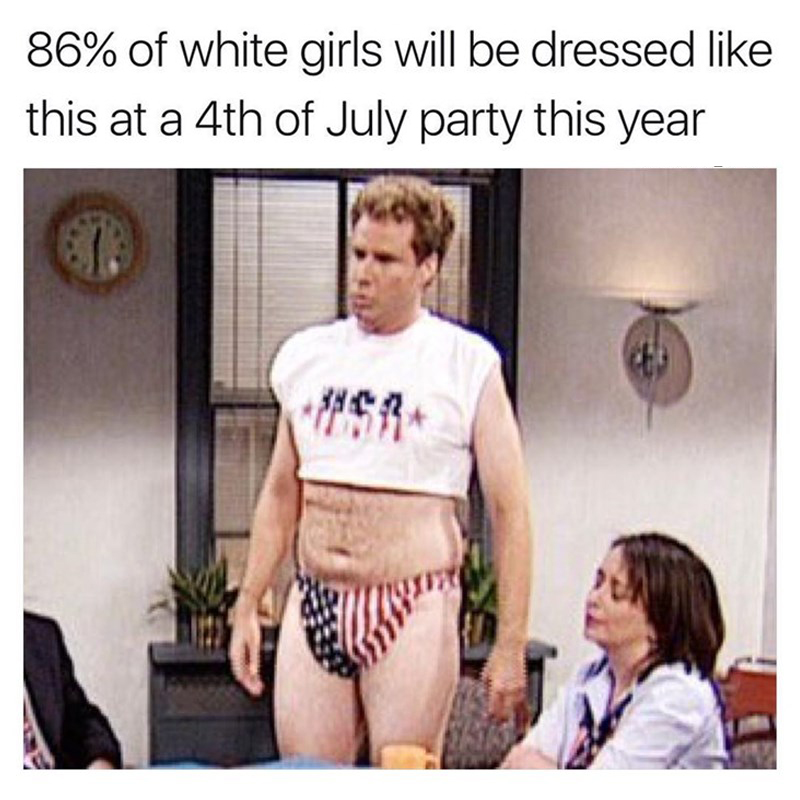 Meme of Will Ferrell dressed as about 86% of girls will be dressed this 4th of July, with American flag underpants and USA crop top