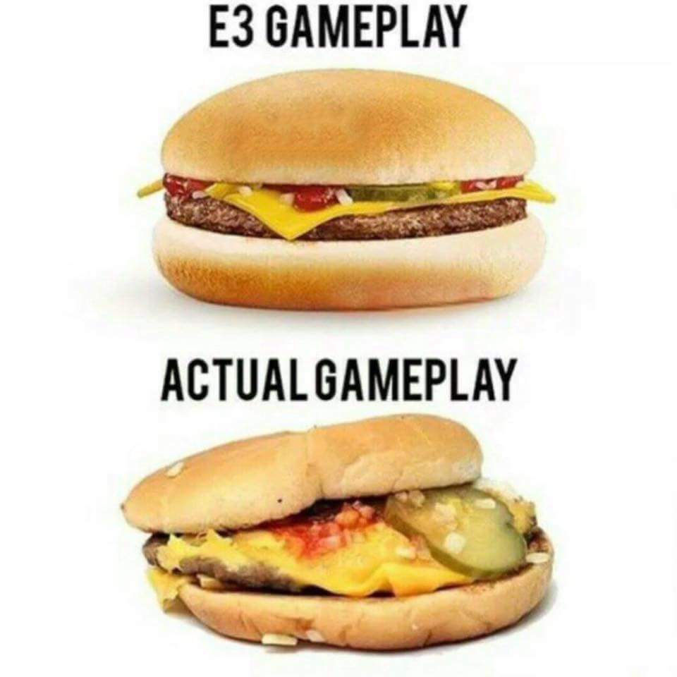 Beautiful burger VS a burger that is fairly sloppy to show the difference between actual gameplay and e3 gameplay