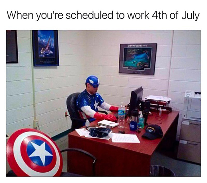 Man dressed as captain america ready because he had to work on 4th of July