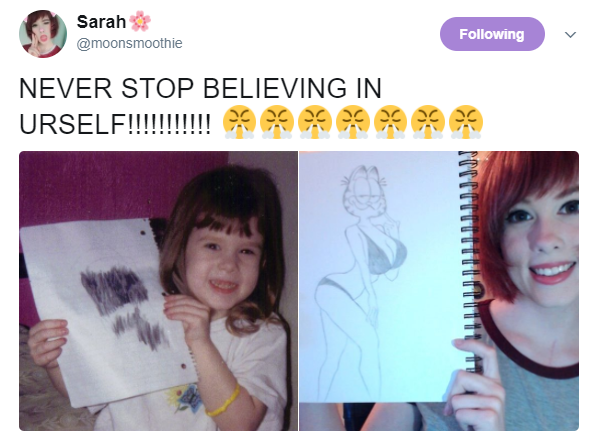 Tweet of girl's artwork when she was kid and now.