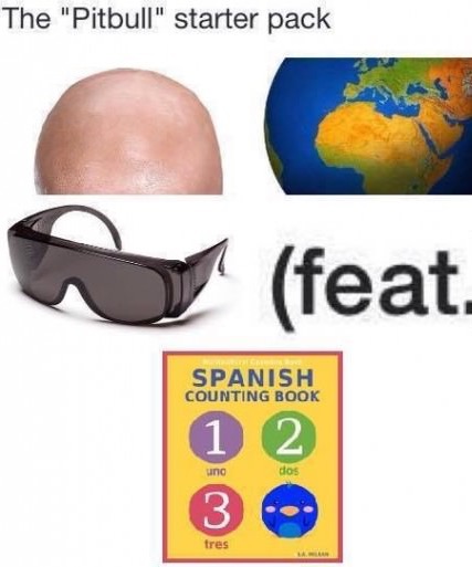 Funny meme of the Pitbull starter pack which includes being bald, globe of the world, those wraparound sunglasses, FEAT. something and a tape to learn how to count in Spanish.