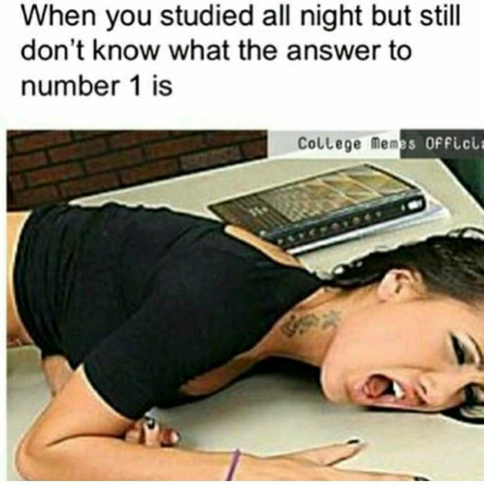 Meme about studying all night but not knowing the answer on the test with picture of girl who is very upset about it.