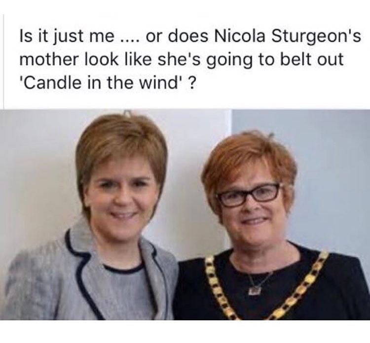 Funny meme of Nicola Sturgeon's mom who seriously looks like Sir Elton John