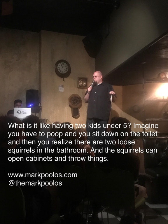 photo caption - What is it having two kids under 5? Imagine you have to poop and you sit down on the toilet and then you realize there are two loose squirrels in the bathroom. And the squirrels can open cabinets and throw things.