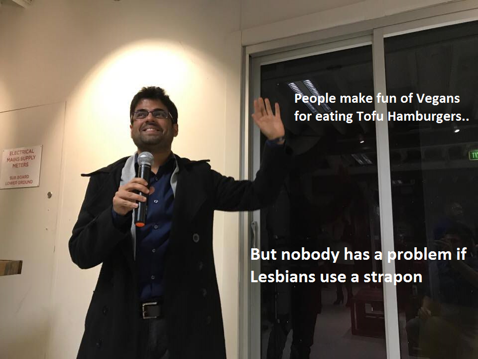 presentation - People make fun of Vegans for eating Tofu Hamburgers.. But nobody has a problem if Lesbians use a strapon