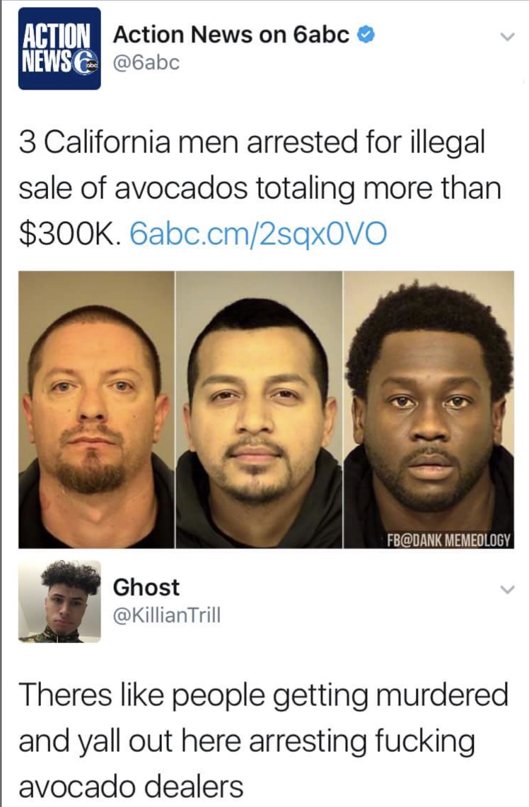 Meme about how there are people being murdered but cops going after avocado criminals
