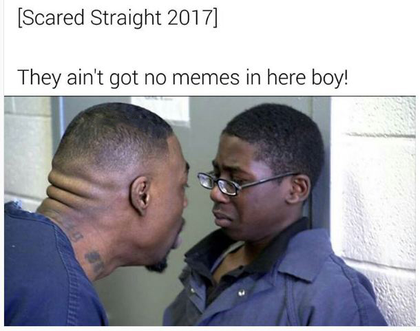 Scared Straight meme about how they got not memes in jail, boy.