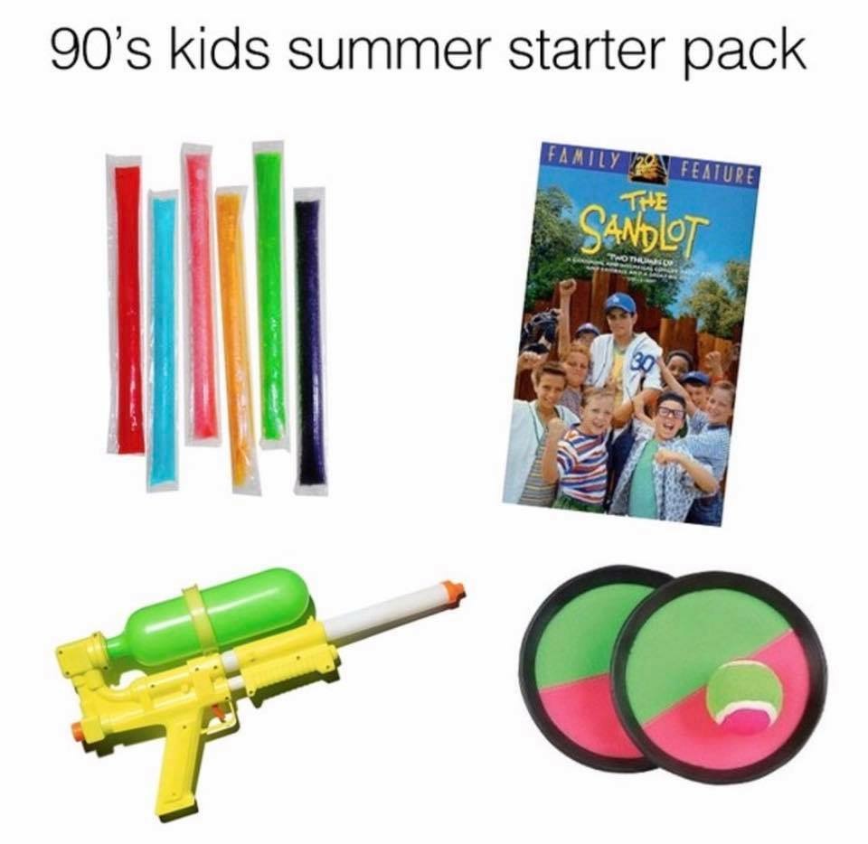 90's kids summer starter pack, frozen ices, The Movie The Sandlot, super soaker and velcro paddle ball.
