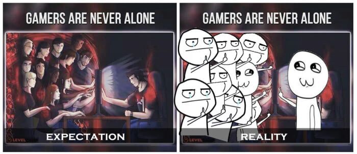 Meme about how gamers are never alone because everyone who is flipping them off on the other side of the screen.
