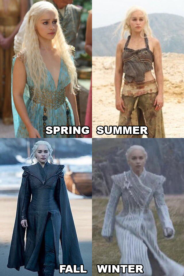 Seasons memes of Daenerys wearing different outfits for each one.