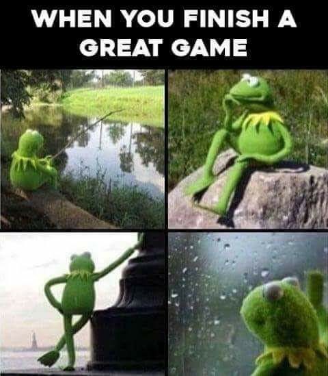 Reflective Kermit The Frog meme about how it feels when you finish a game.