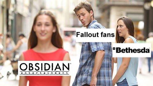 Distracted boyfriend meme with funny twist on how Fallout Fans are checking out Obsidian as Bethesda is looking on in shock.
