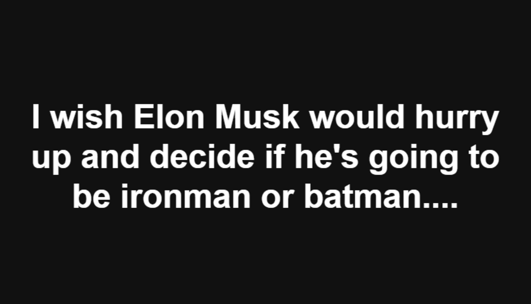 Funny meme about how Elon Musk gotta decide soon if he is Batman or Ironman.