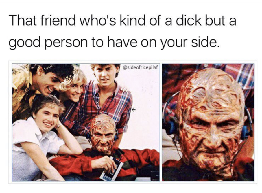 Funny meme about being a good person but also acting like a dick, with pic of person who looks like a burn victim.