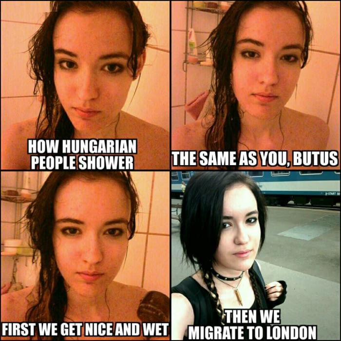 Funny meme about how Hungarian people shower, with bad joke about how they just migrate to London when they are done.