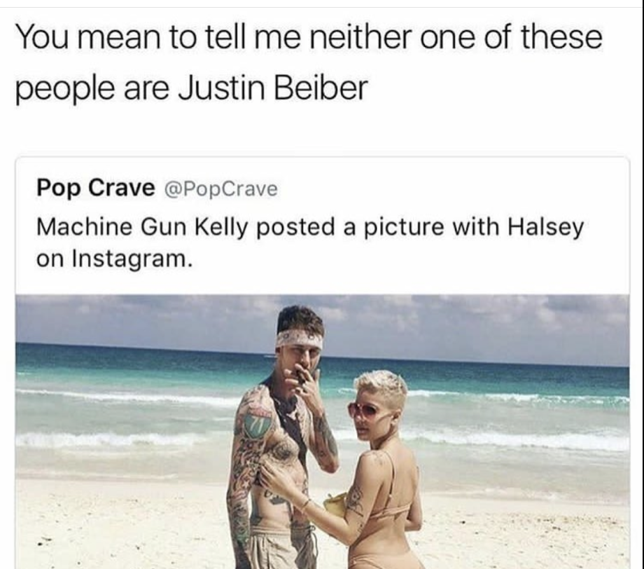 meme stream - halsey mgk - You mean to tell me neither one of these people are Justin Beiber Pop Crave Machine Gun Kelly posted a picture with Halsey on Instagram.