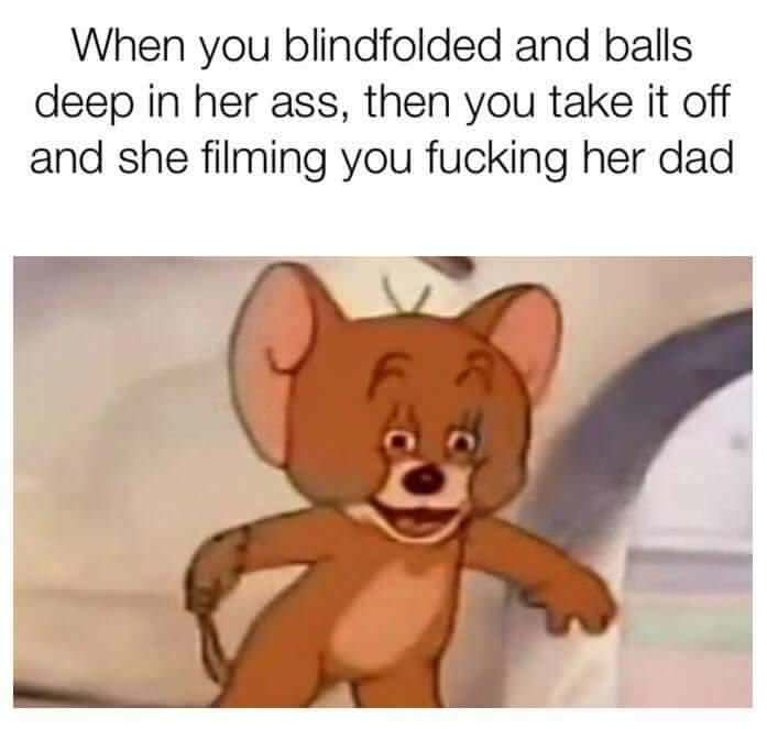 Funny meme of shocked Jerry Mouse that just took off a blindfold.