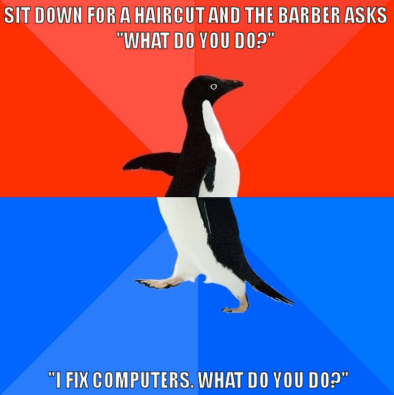 Awkward penguin meme about asking barber what you do.