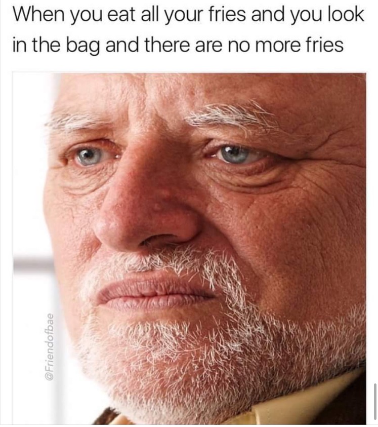 Hide the Hurt Harold meme about how it feels when you've eaten all your fries and none are left.