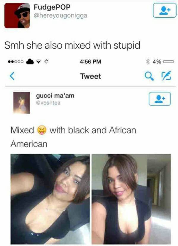memes - mixed with black and african american meme - FudgePOP Smh she also mixed with stupid .000 4% Tweet gucci ma'am voshtea Mixed with black and African American Za