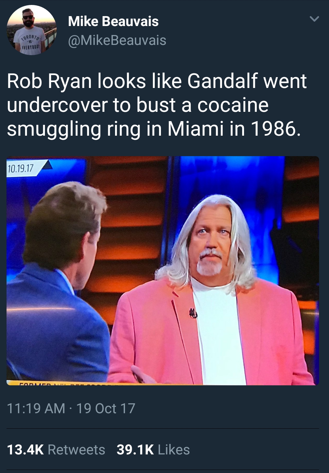 memes - rob ryan miami vice - Mike Beauvais Rob Ryan looks Gandalf went undercover to bust a cocaine smuggling ring in Miami in 1986. 10.19.17 19 Oct 17