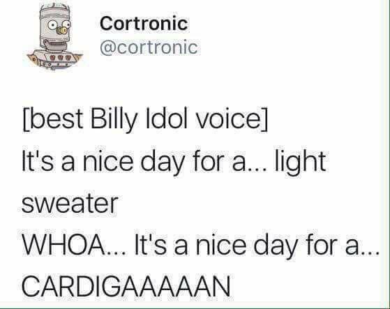 memes - document - Cortronic best Billy Idol voice It's a nice day for a... light sweater Whoa... It's a nice day for a... Cardigaaaaan