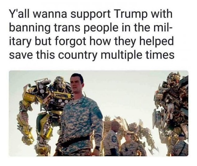 memes - military - Y'all wanna support Trump with banning trans people in the mil itary but forgot how they helped save this country multiple times