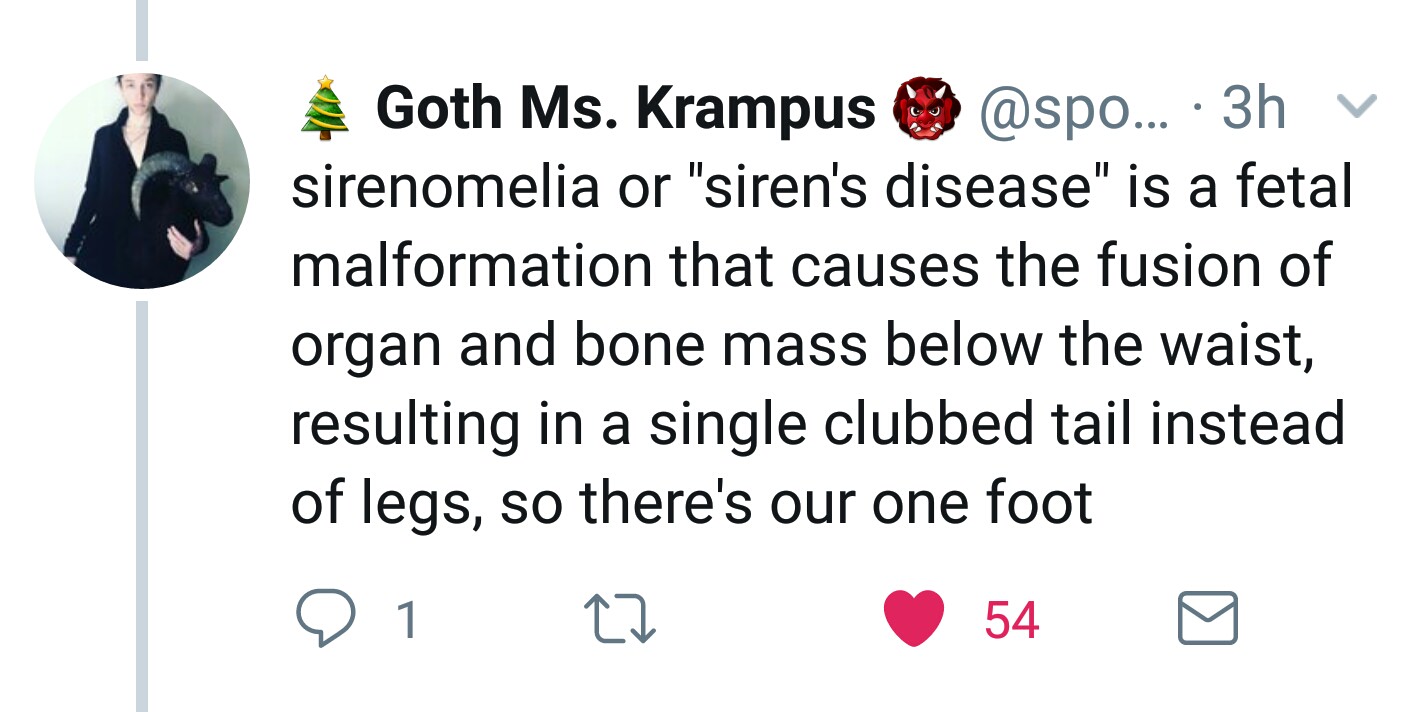 angle - Goth Ms. Krampus ... 3h v sirenomelia or "siren's disease" is a fetal malformation that causes the fusion of organ and bone mass below the waist, resulting in a single clubbed tail instead of legs, so there's our one foot Q1 22 54
