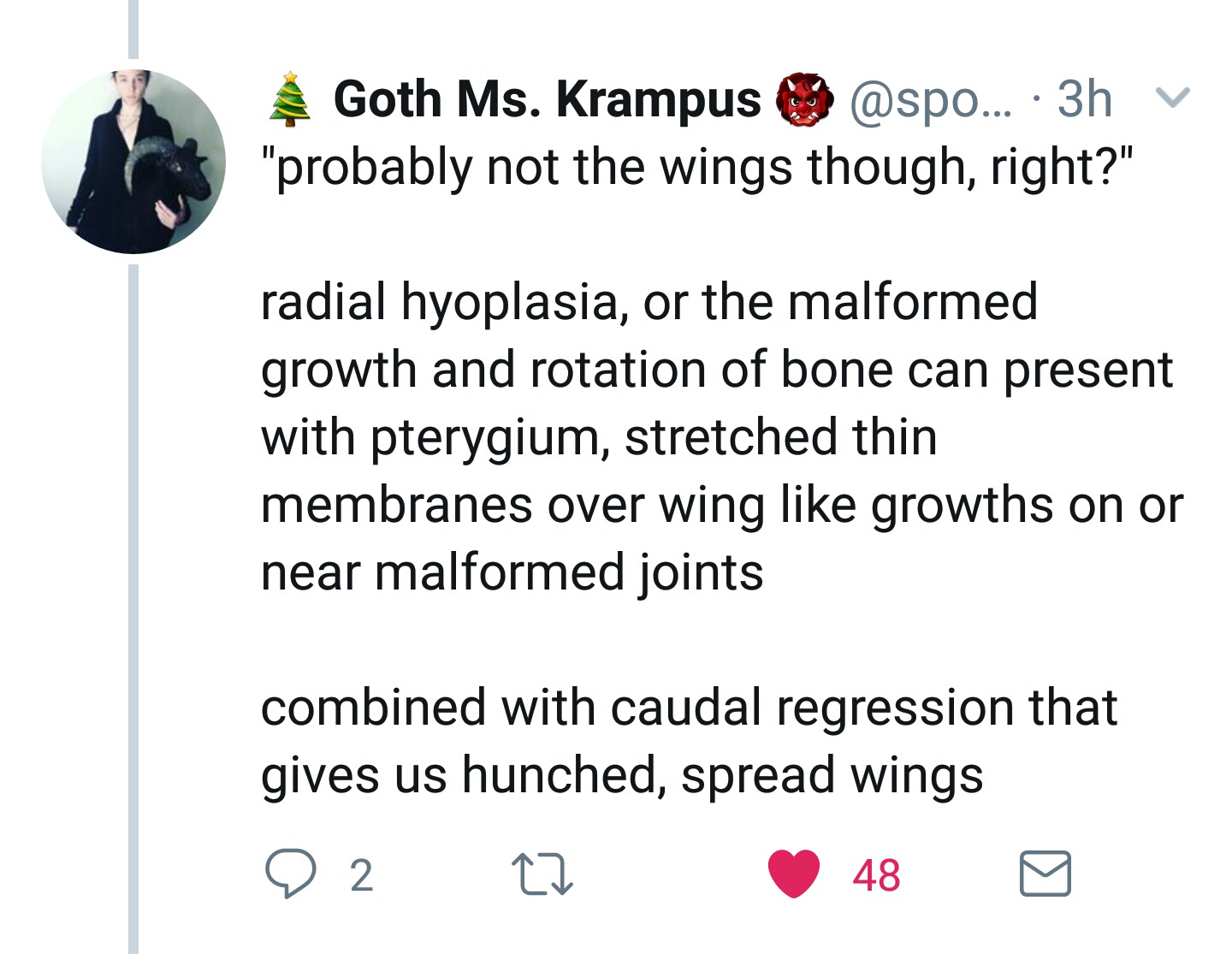 angle - Goth Ms. Krampus ... 3h v "probably not the wings though, right?" radial hyoplasia, or the malformed growth and rotation of bone can present with pterygium, stretched thin membranes over wing growths on or near malformed joints combined with cauda