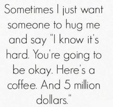 meme eusebius font - Sometimes I just want someone to hug me and say "I know it's hard. You're going to be okay. Here's a coffee. And 5 million dollars."