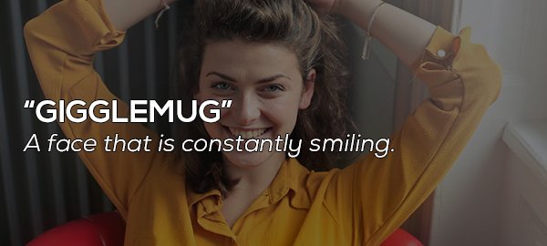 "Gigglemug" A face that is constantly smiling.