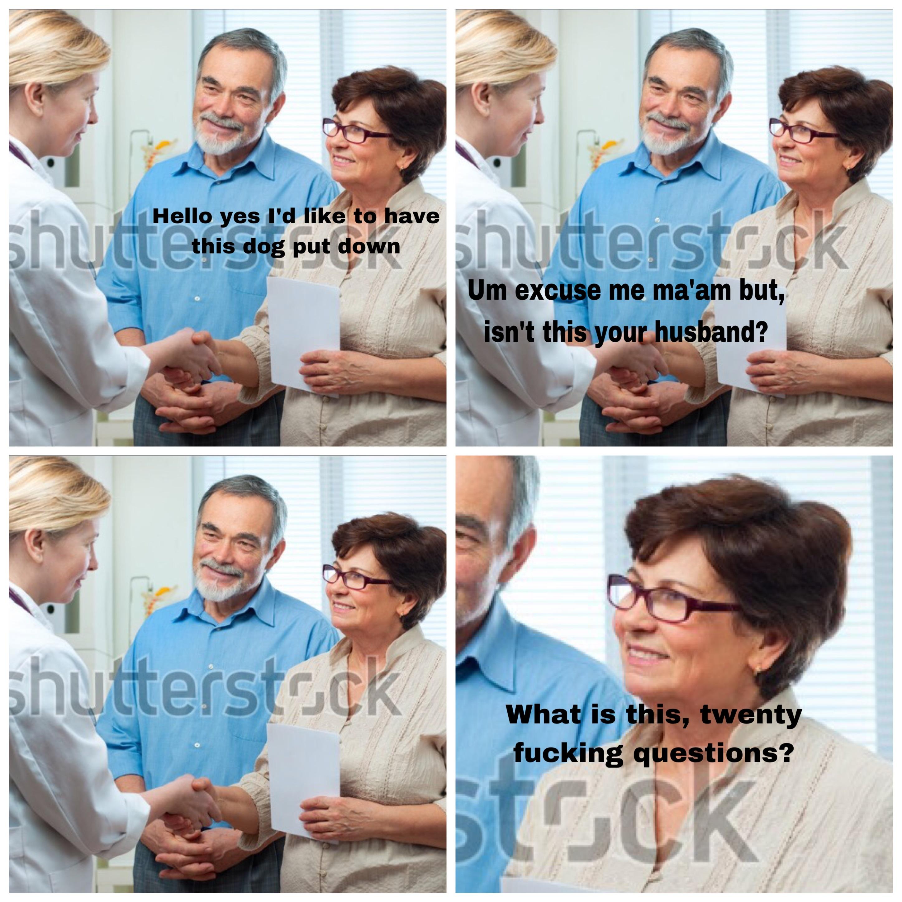 dank meme physician - Hello yes I'd to have shutt'e this dog but down shutterstoc Um excuse me ma'am but, isn't this your husband? shutterstrek What is this, twenty fucking questions?