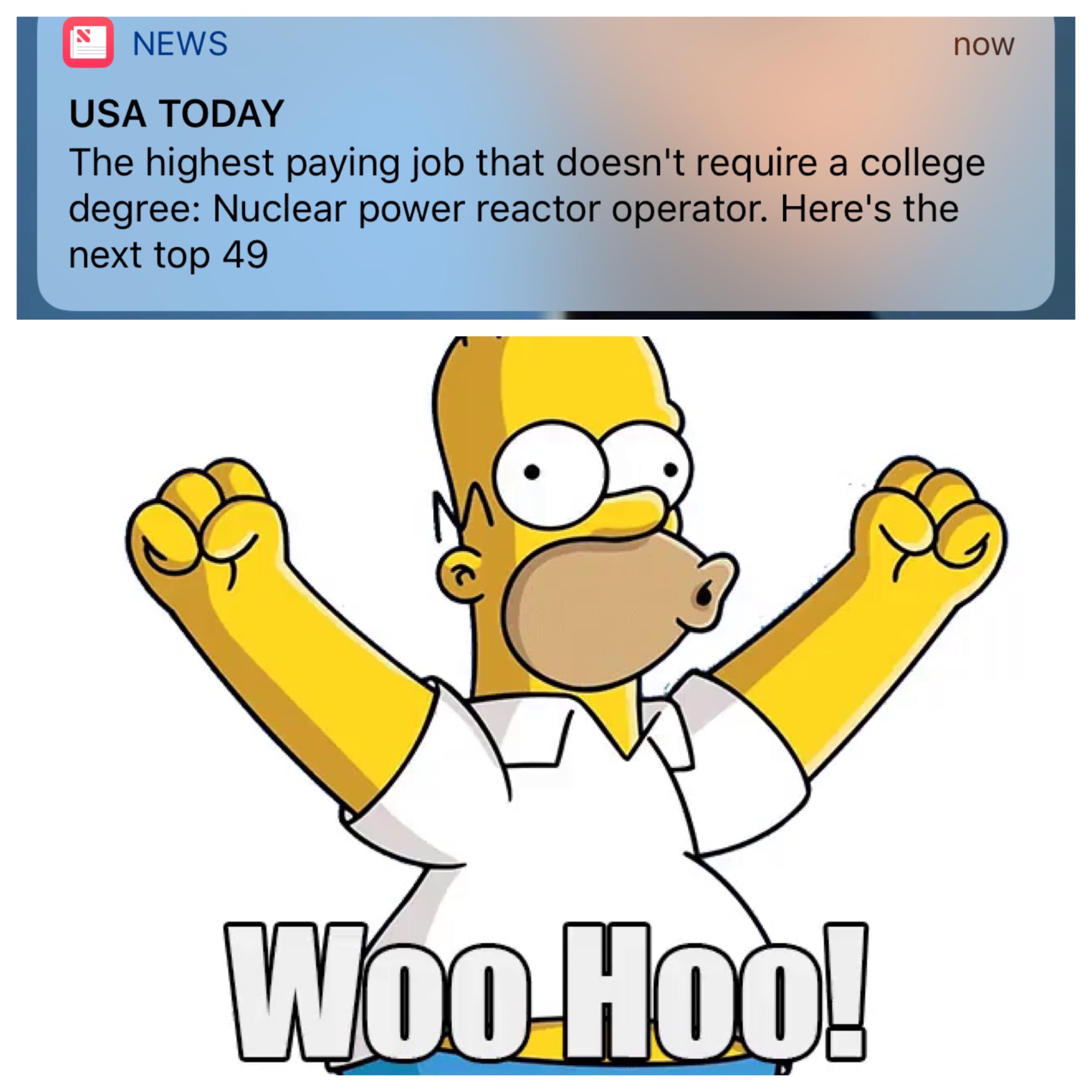 meme - homer simpson - News now Usa Today The highest paying job that doesn't require a college degree Nuclear power reactor operator. Here's the next top 49 Woo Hoo!