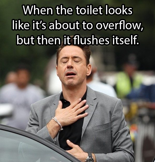 When the toilet looks it's about to overflow, but then it flushes itself.